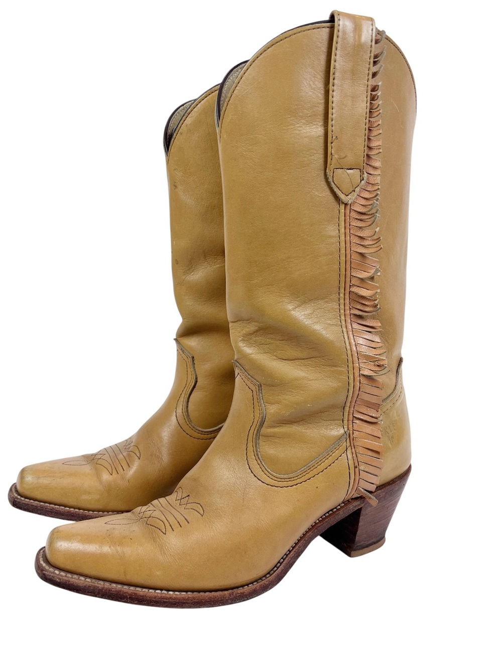 Frye Vintage Women's Tan Leather Cowboy Boots Fringe Snip Toe Size 8 B